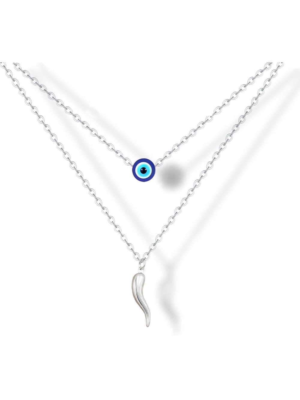 Silver Layered Evil Eye & Horn Pendant Necklace - Blue